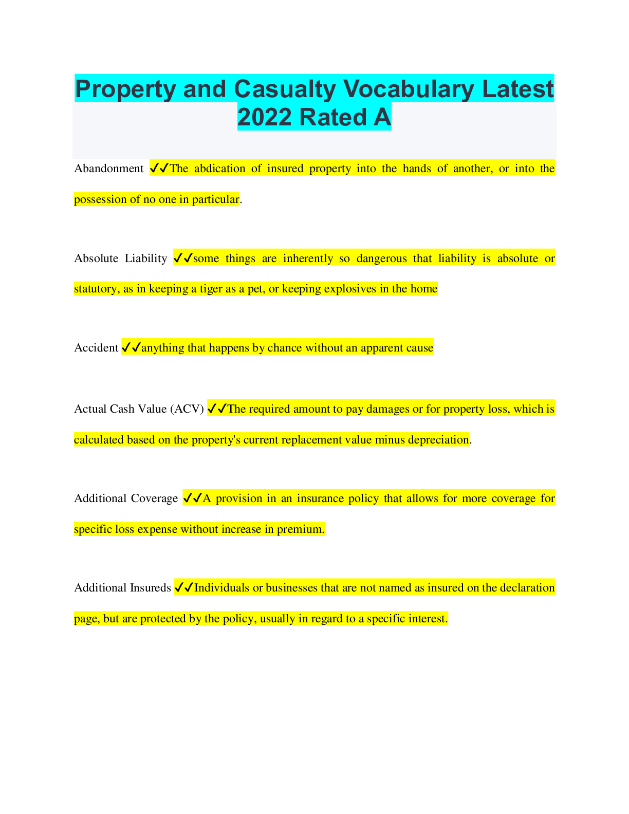 Property and Casualty Vocabulary Latest 2022 Rated A Browsegrades